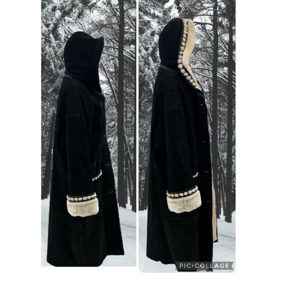Vintage Sin by Morgan Cooper Black Suede Faux Fur Hooded Trench Coat Jacket L - Picture 2 of 16